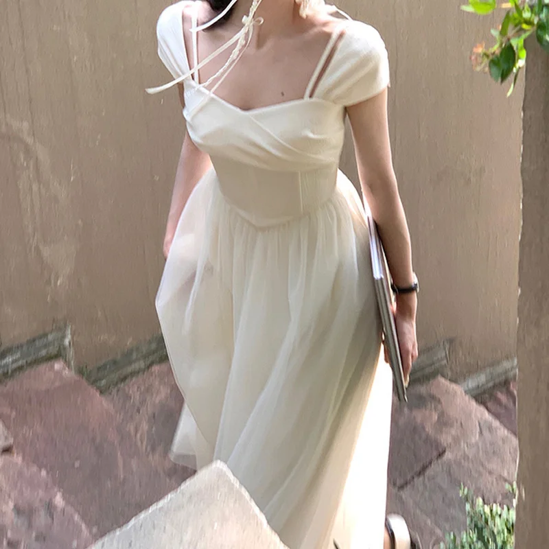 

Fairy gauze dress female French tea break waist A word niche design long skirt 2023 new