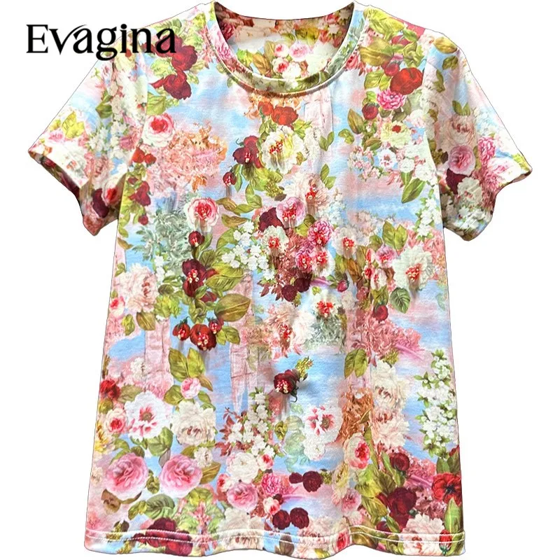 

Evagina Fashion Vintage Print Diamonds Elegant Short Sleeved Spring Summer Women's 2023 New Holiday T-Shirt