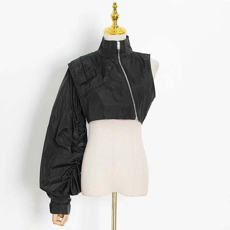 

【Absgd】2022 Autumn New Arrivals Oone Shoulder Long Lantern Sleeve Turn Down Collar Zipper Slim Short Jacket Women Coat