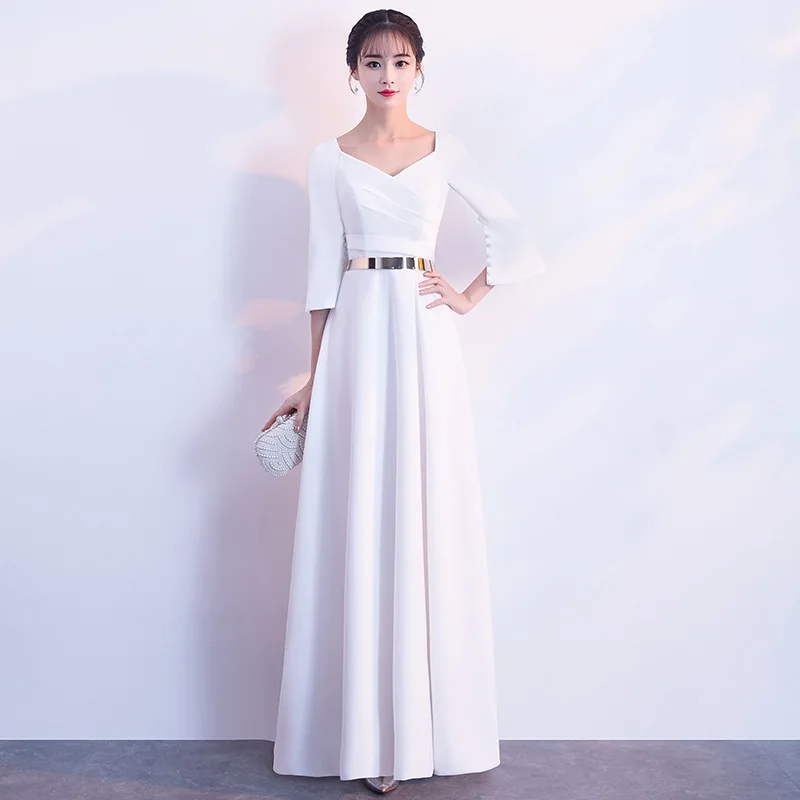 

White Formal Dress New Half Sleeves A-line Long Dresses Evening Simple Elegant Vestidos De Festa Longo With Belt Custom Made