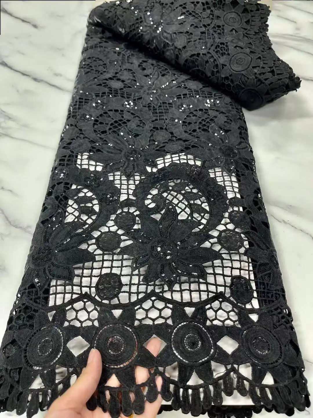

New aririvage Classic African Lace Fabric Black Guipure Cord Lace With Dark Sequins for tussi Wedding By The Yard BJYG65