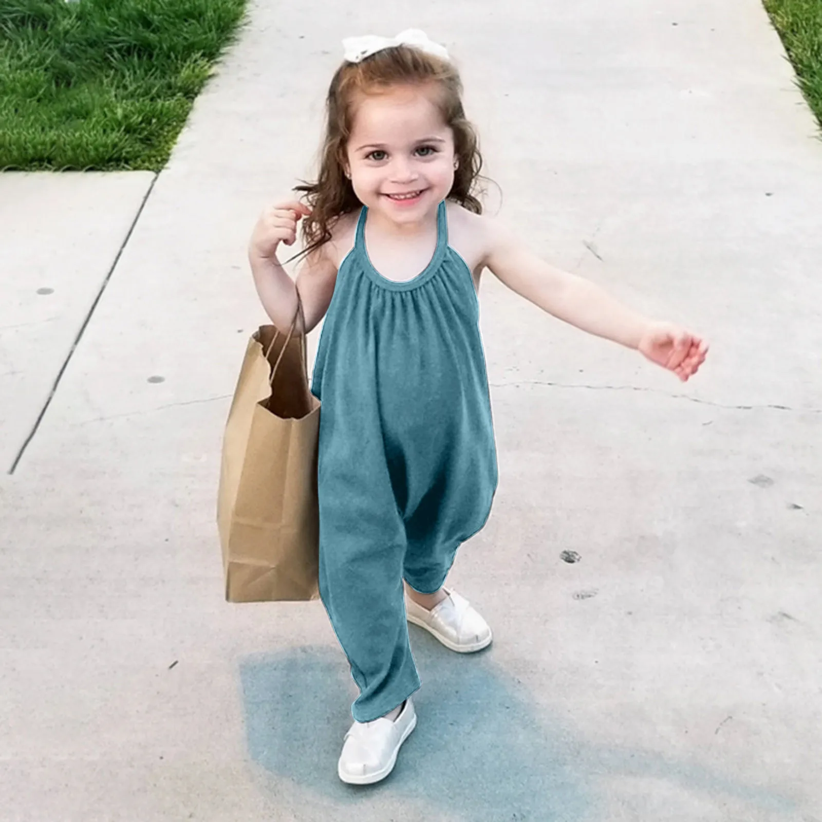 

New Born Baby Girl Clothes One Piece Harem Pants Backless Kids Jumpsuit With Pocket Solid Color Halter Baby Girl Rompers