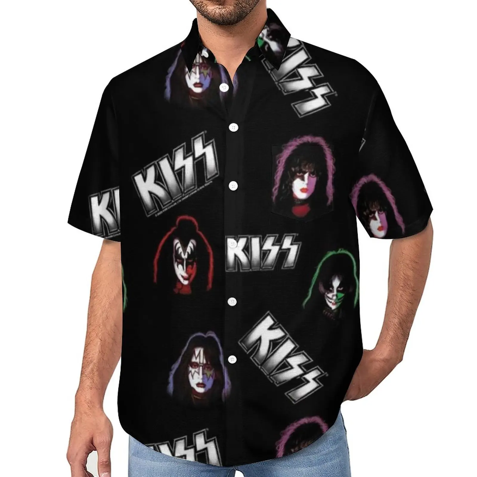 

Мужская рубашка с коротким рукавом Kiss Band, Повседневная рубашка с короткими рукавами, размера плюс