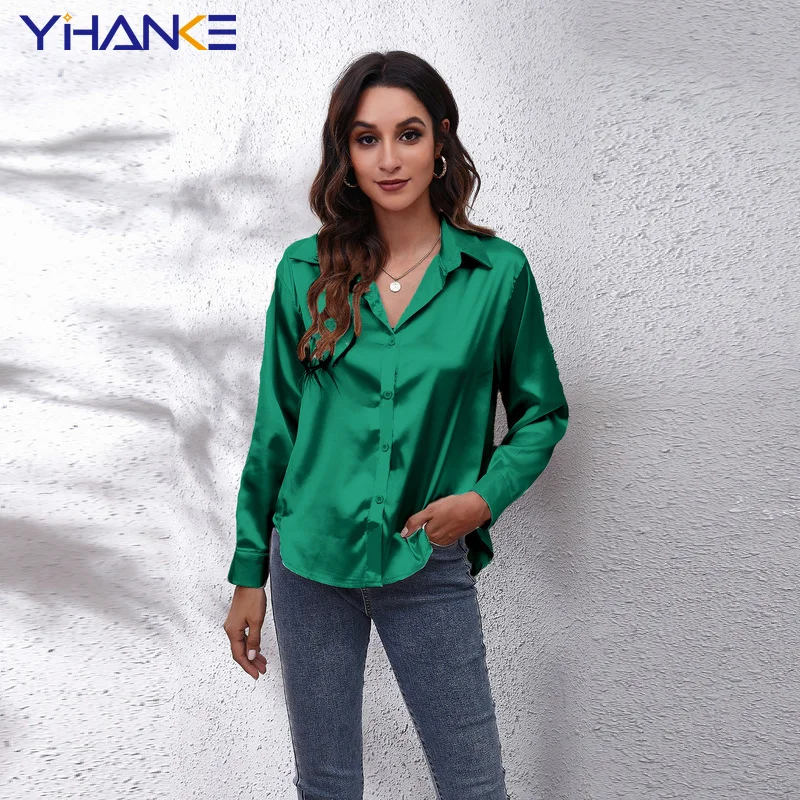 

New Spring Fall Women Fashion Long Sleeves Satin Blouse Vintage Femme Oversized Street Shirts Elegant Imitation Silk Blouse