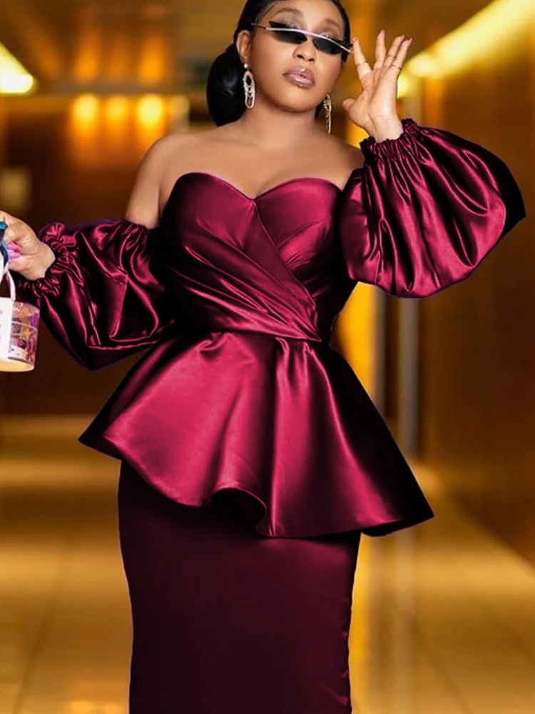 2023 new Women Long Formal Dresses Puff Sleeve Peplum Elegant LadiesElastic Satin Strapless Party Evening Prom Birthday Dresses