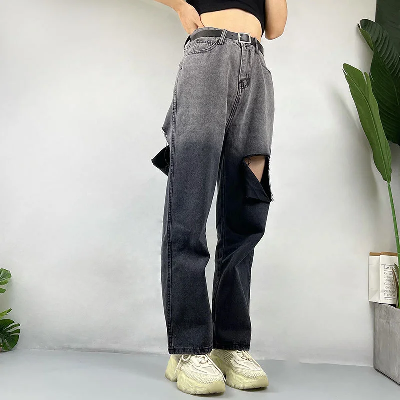 

Женские рваные джинсы с завышенной талией, винтажные брюки из денима составного кроя с широкими штанинами в стиле панк, Y2K, 2023