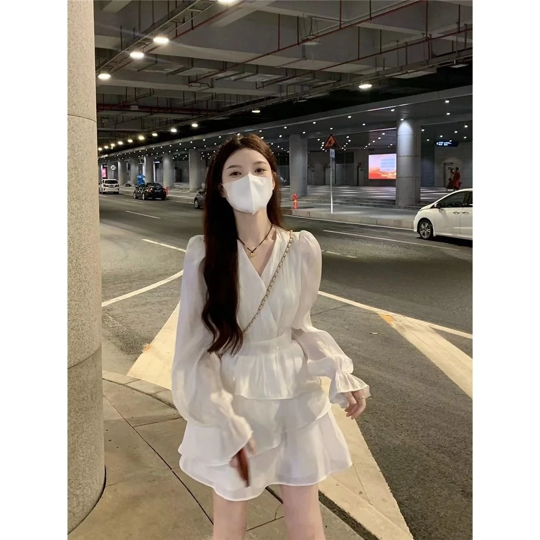 

Women V-Neck Long Sleeve New Summer Elegance Sweet Irregular Ruffled Fairy High Waist A-line Mini Skinny Dresses