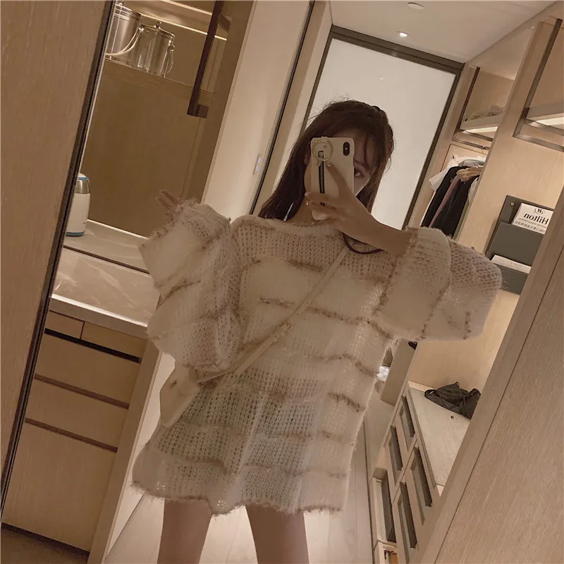 Женский свободный трикотажный свитер в полоску Повседневный пуловер оверсайз с