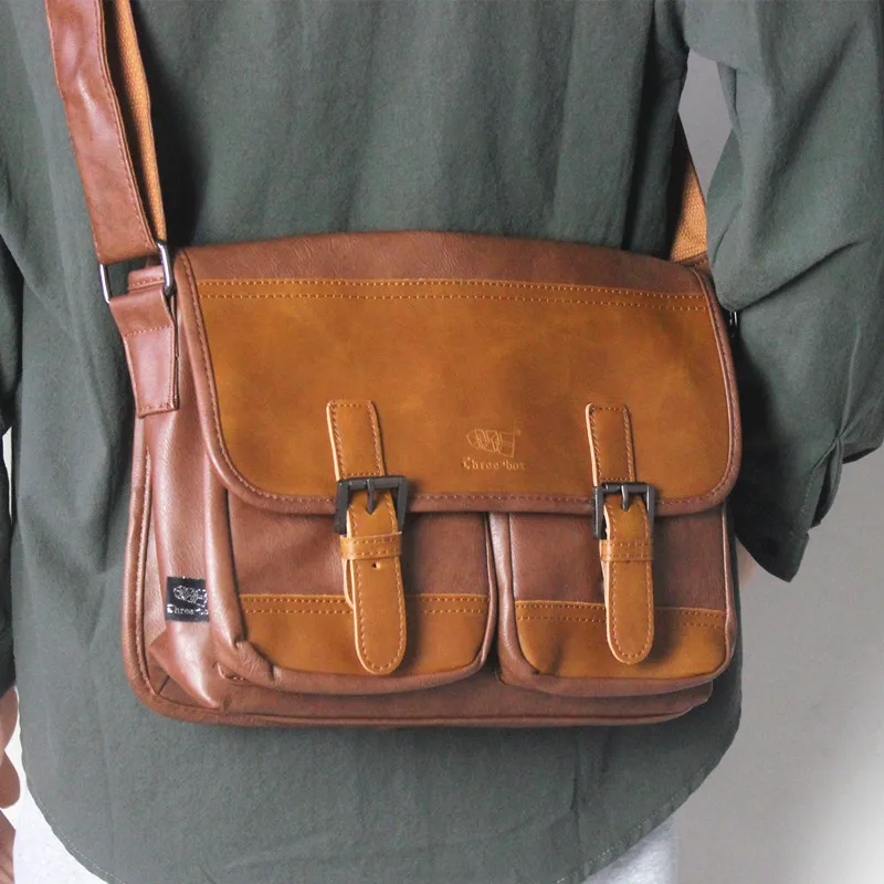 Vintage High Quality PU Leather Crossbody Bags For Men Soft Luxury Color Contrast Large Capacity Shoulder Bag Messenger Bag