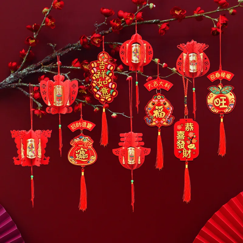 

6Pcs New Year Flocking Pendants Lantern Shaped 2023 Spring Festival Red Pendant Chinese Lunar Year Decorations Hanging Ornaments