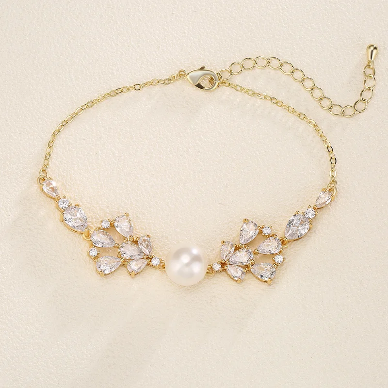 

JUNZI Trendy Imitation Pearls Adjustable Bracelet for Women Gold Color Leaf Zirconia Bracelets Bridal Wedding Jewelry Wholesale