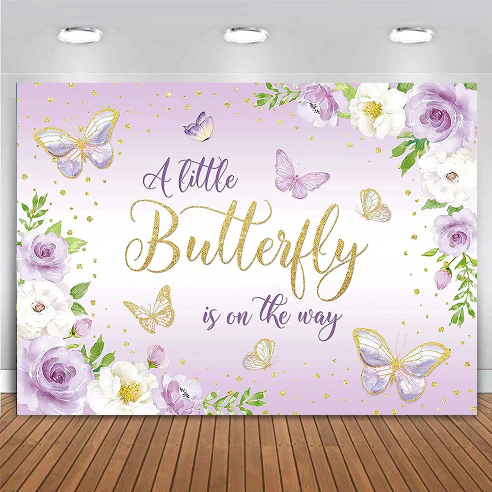 

Butterfly Purple Flowers Birthday Party Backdrop for Girls Floral Baby Shower Photography Background 7x5ft Princess Table Banner