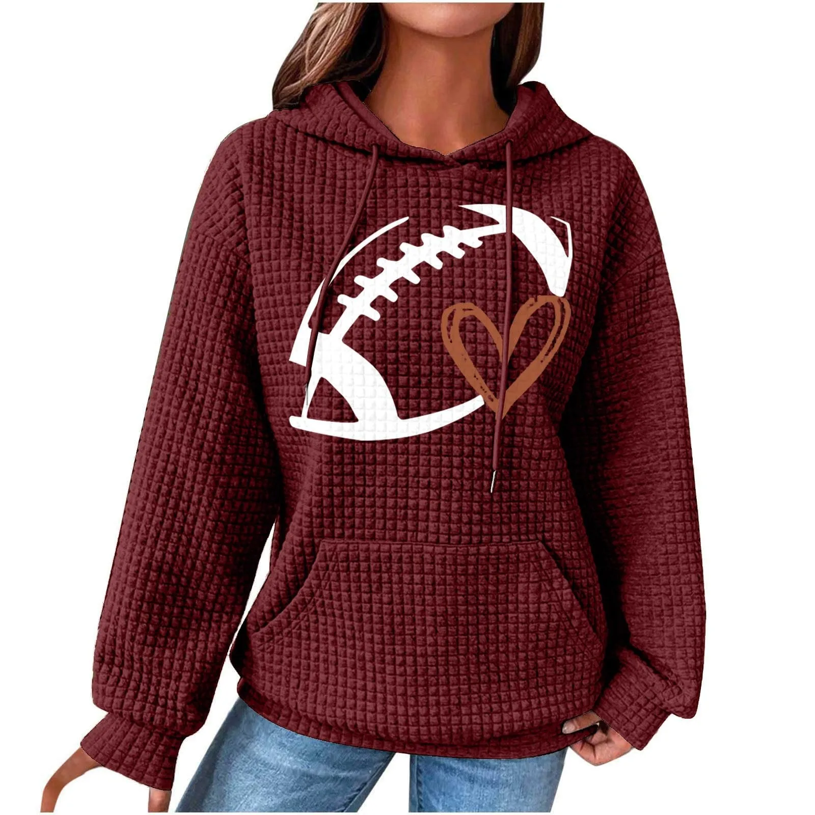 

Female Square Grid Knit Hoodie Football Graphic Long Sleeve Sweater Stylish Casual Hundred Tower Pullover Tops