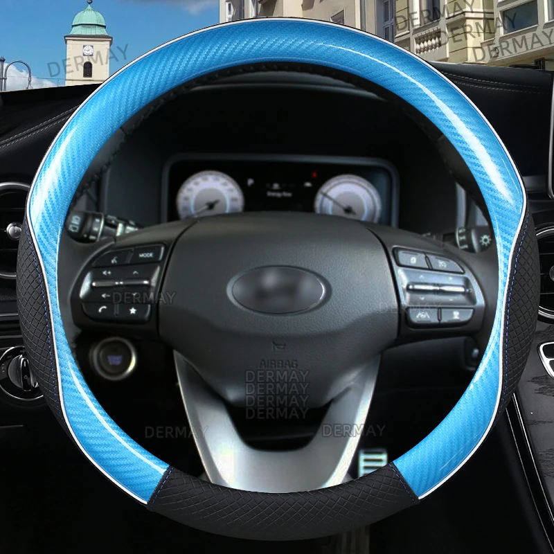 

for Hyundai KONA Electric Kauai Encino 2017~2022 Car Steering Wheel Cover Microfiber Leather + Carbon Fiber Auto Accessories