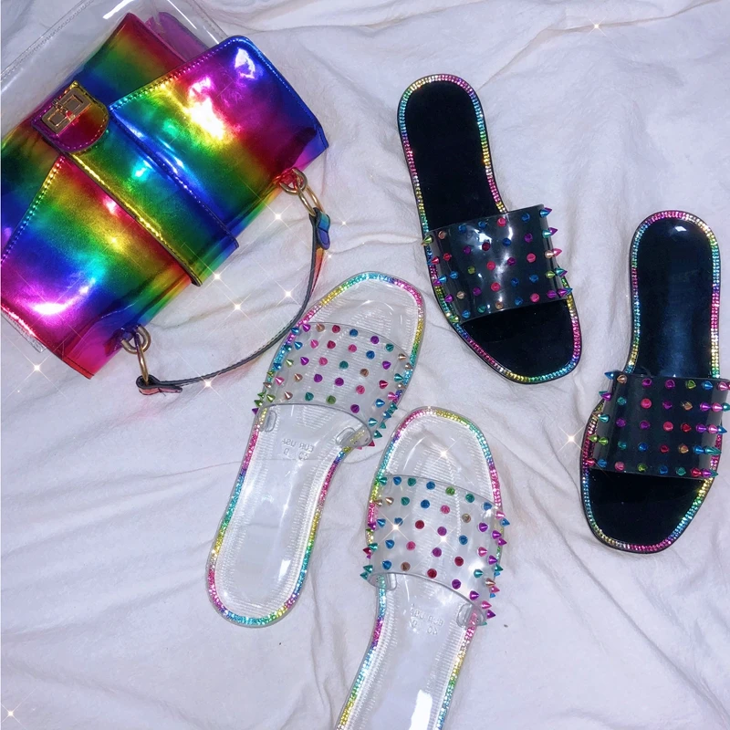 

Women Summer Transparent Slippers with Rivet and Rainbow Bag Beach Flip Flops Colorful Shopping Bags Womens Slippers Shoes Big