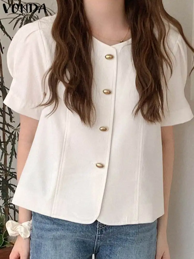 

2023 Summer Blouse VONDA Women Elegant Shirts Fashion Short Sleeve Tops O-Neck Solid Color Casual Buttons Baggy Blusas Femininas