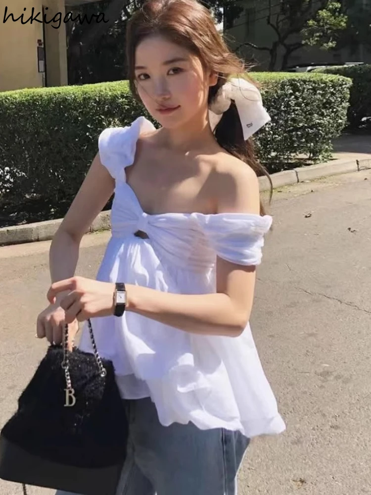Sweet Blusas De Mujer 2025 Женская одежда Симпатичные туники с бантом и вырезом на шее Блузки