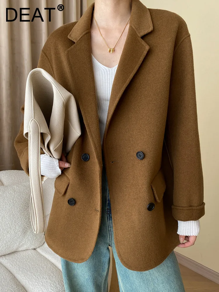 

DEAT Fashion Women Woolen Coat Notched Collar Long Sleeve Pocket Double Breasted Solid Color Short Coats Winter 2023 New 7AB1269
