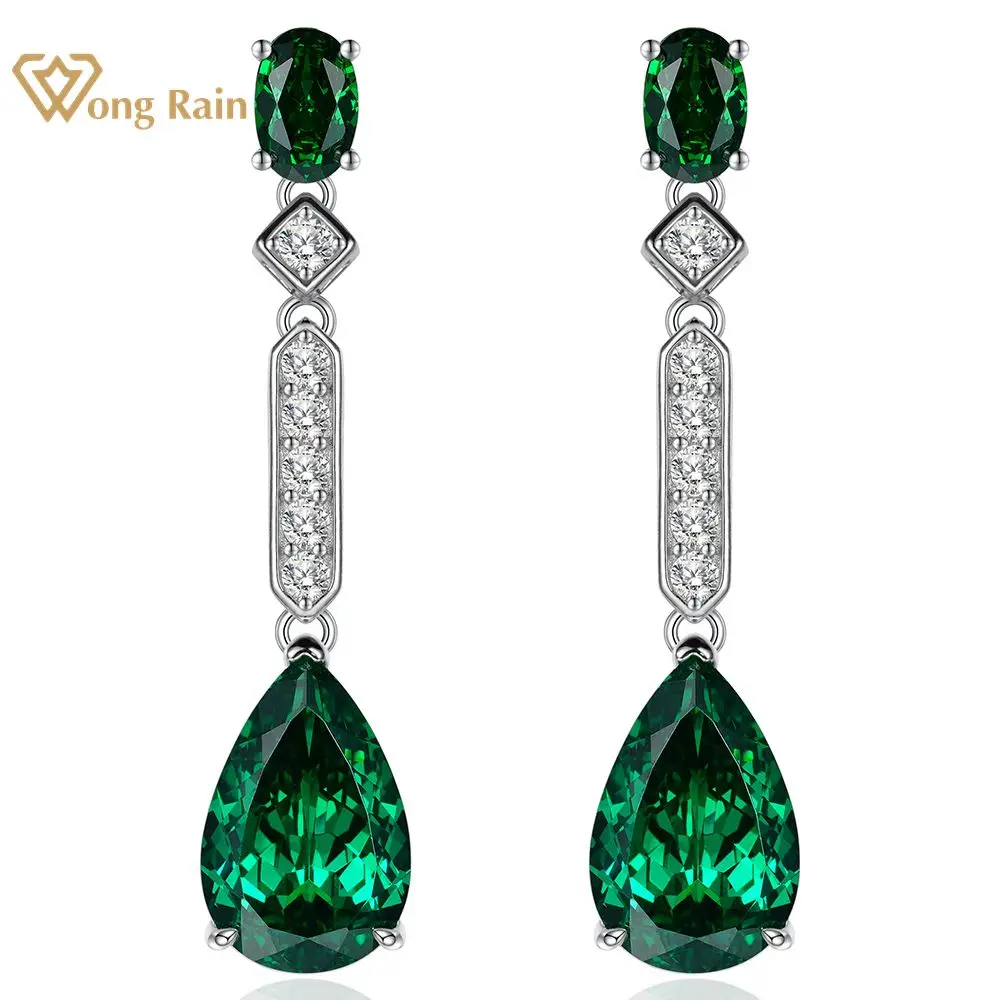 

Wong Rain Vintage 100% 925 Sterling Silver Pear Cut 8*12MM Lab Emerald Gemstone Drop Earrings Wedding Party Fine Jewelry Gifts