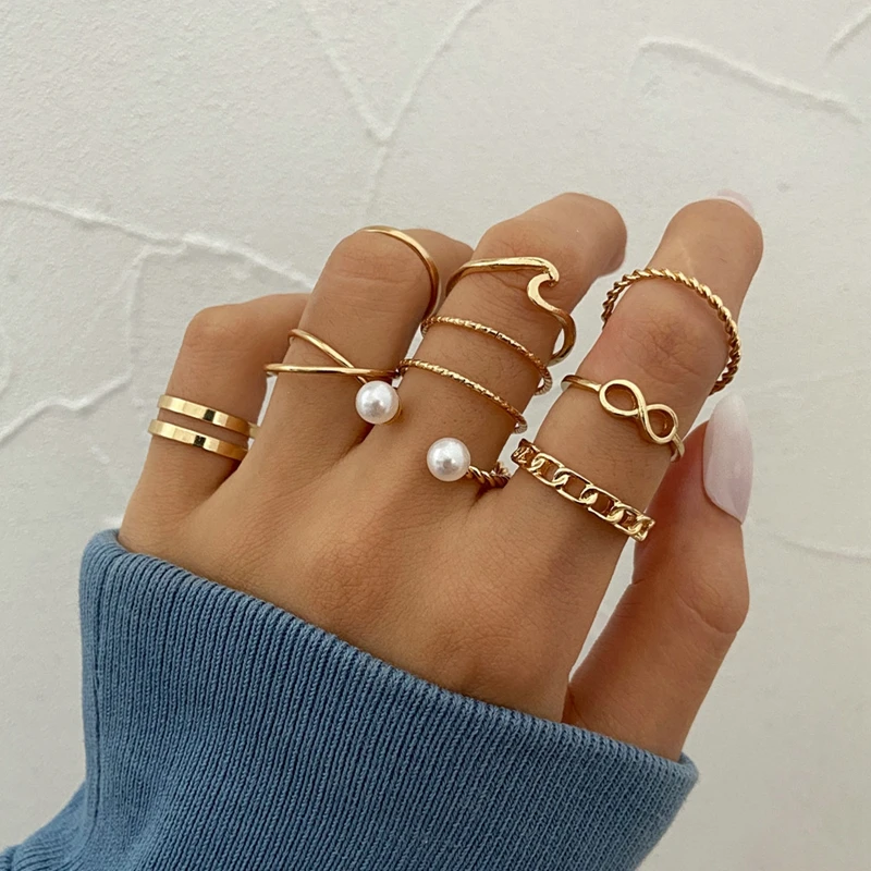 

10pcs Fashion Jewelry Rings Set Hot Selling Metal Hollow Round Opening Women Finger Ring for Girl Summer Party Wedding Gifts