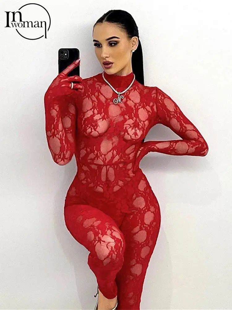 

Inwoman Summer Sexy Lace Bodycon Jumpsuit Women Black Red See Through Jumpsuit For Women 2022 Long Sleeve Lace Jumpsuit Female