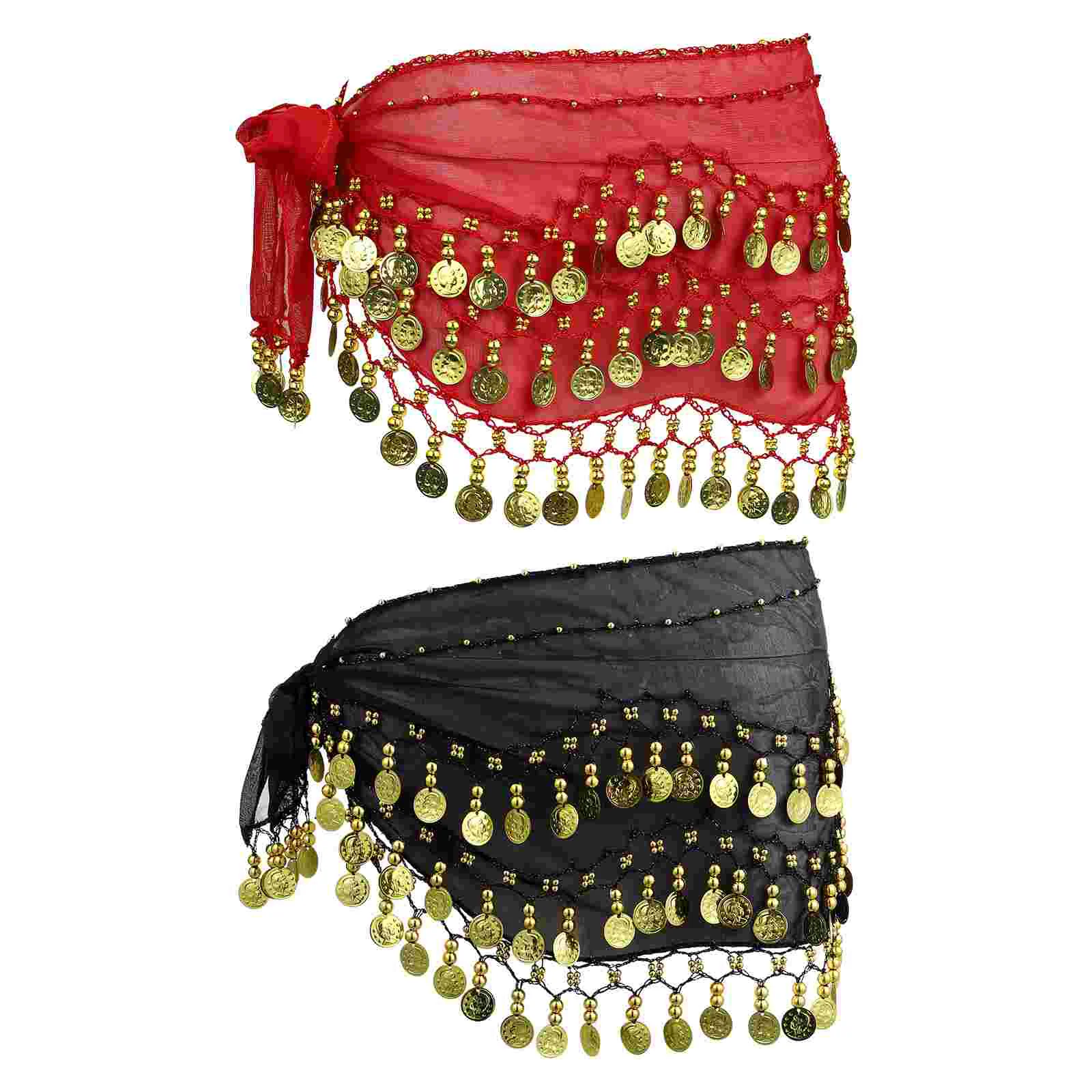 

2Pcs Hip Scarf with Dangling Coins Performance Hip Skirt Waist Wrap Skirt