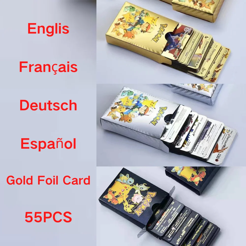 Покемон-Золотая-фольга-английский-французский-немецкий-испанский-золотой-черный-серебряный-Детская-Боевая-карта-подарок-на-день-рож