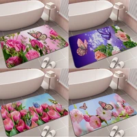 fresh flowers with butterfly printed flannel floor mat bathroom decor carpet non slip for living room kitchen welcome doormat
