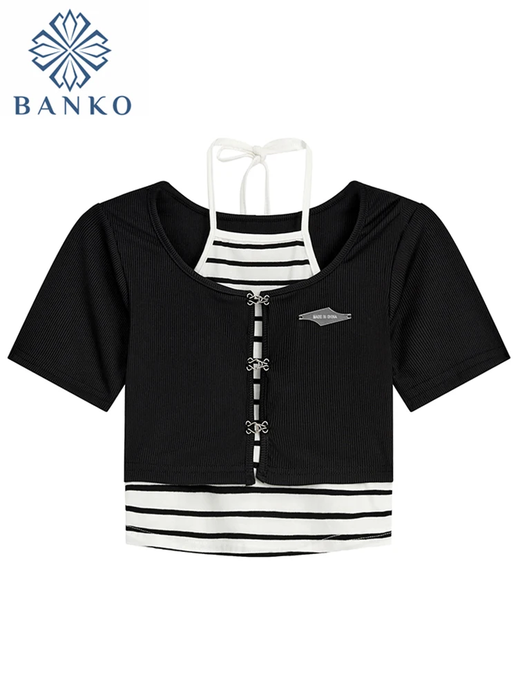 

Женский укороченный топ с лямкой на шее, полосатый топ в стиле ретро с завязкой, футболка из двух предметов с имитацией двух предметов, пикантная одежда в стиле 1950-х с круглым вырезом, уличная одежда Y2k, лето 2023