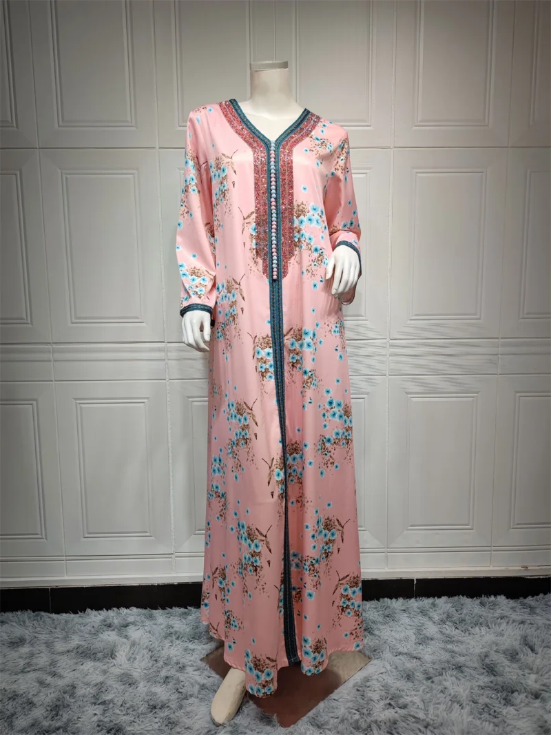 Ramadan Kaftan Dubai Luxury Diamonds Long Dresses Floral Print V-Neck Lace Tape Elegant Casual Party Dress Muslim Women Clothing