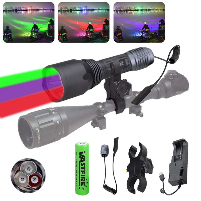 Tactical Green/Red/ UV 3 Colors Hunting Flashlight Blood Tracker Hog Handheld Lantern+18650+Charger+Switch+Rifle Gun Scope Mount