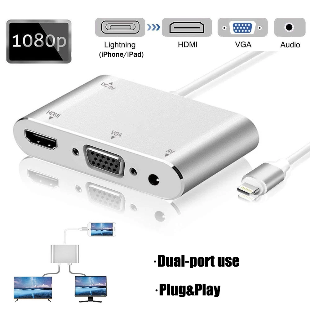 

Адаптер Lightning/VGA Аудио HDMI AV аудио 1080P 4 в 1 цифровой аудио видео HDTV конвертер для iPhone 13 iPad iOS 9-15