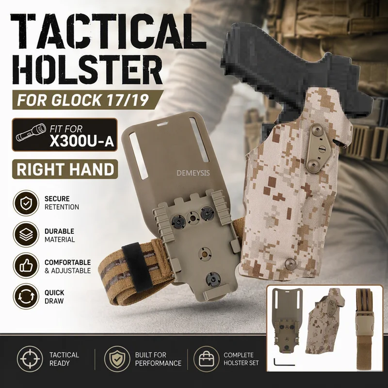 Фото Тактическая кобура для пистолета Glock 17 Gen4 G19 с фонарем X300/X300U, системой быстрого запирания, охотничья кобура на бедро для правой руки.