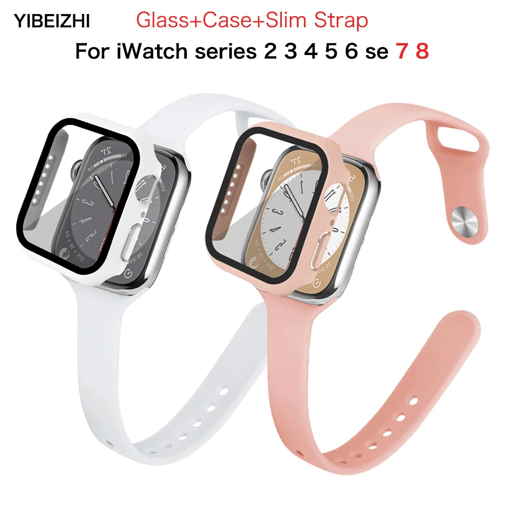 

Glass+Case+Slim Strap For Apple Watch band 44mm 40mm 45mm 41mm 38mm 42mm Silicone watchband bracelet iWatch series 7 8 4 5 6 se