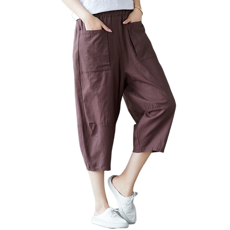 

Cotton Linen Vintage Women Pants 2022 Summer High Waist Pocket Calf Length Solid Female Pants Top Quality
