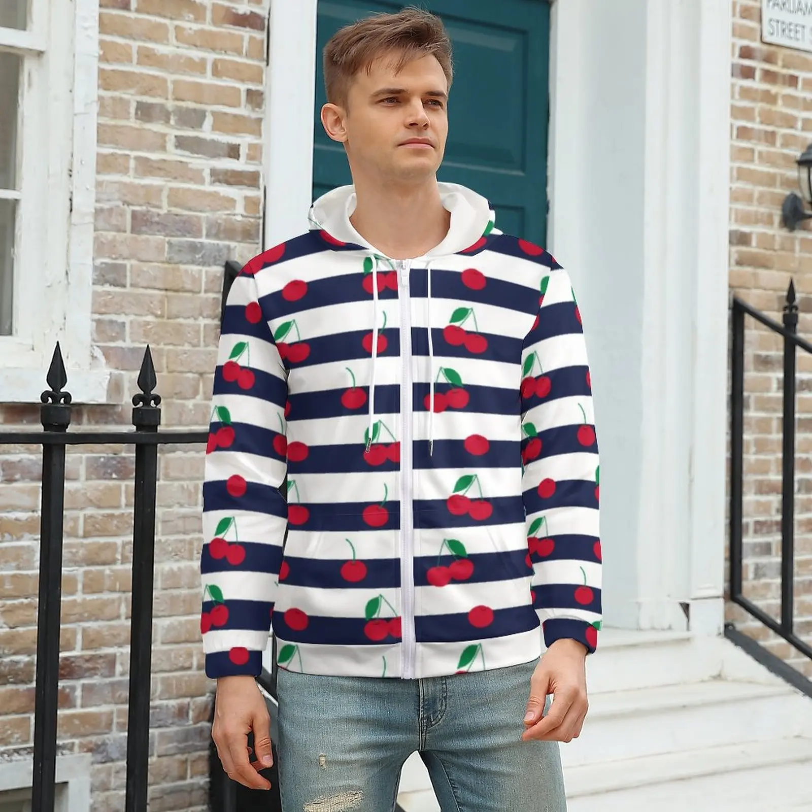 

Cute Cherry Hoodies Black Striped Print Korean Fashion Oversized Hoodie Men Long Sleeve Cute Graphic Tops