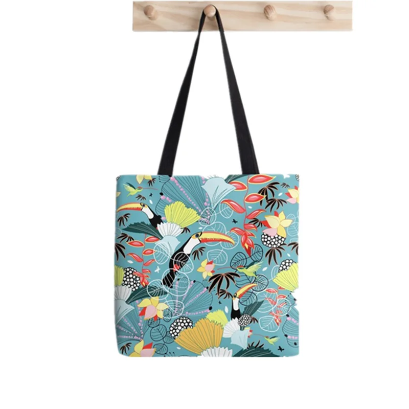 

2021 Shopper tropical birds Printed Tote Bag women Harajuku shopper handbag girl Shoulder shopping bag Lady Canvas Bag