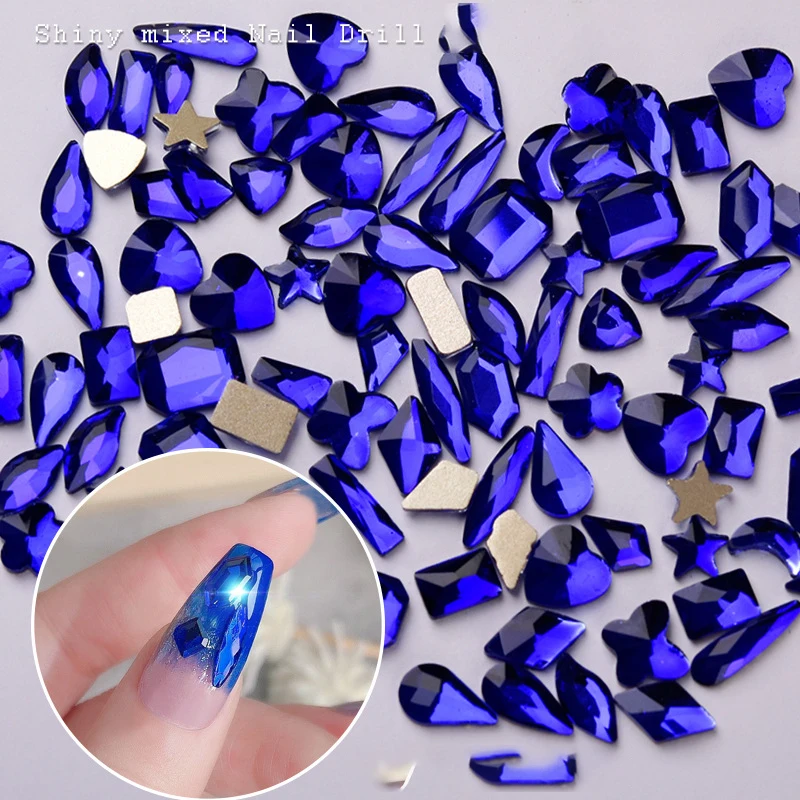 

100Pcs Flat Back K9 Crystal Nails Art Rhinestones Klein Blue Diamond Design Multi-Shaped Manicure Glass Stone Nail Tops Decor A