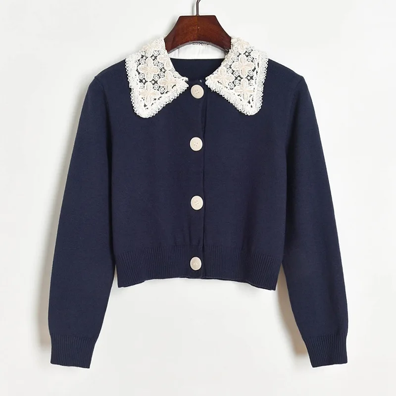 

2022 Autumn Elegant Lace Beading Cardigans Women Long Sleeve Knitted Tops Thick Sweater Crop Tops Streetwear Casual Outwear