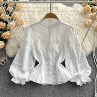 women sexy white lace patchwork hollow out shirt blouse long sleeve stand neck design tops 2022 spring vintage button shirts new