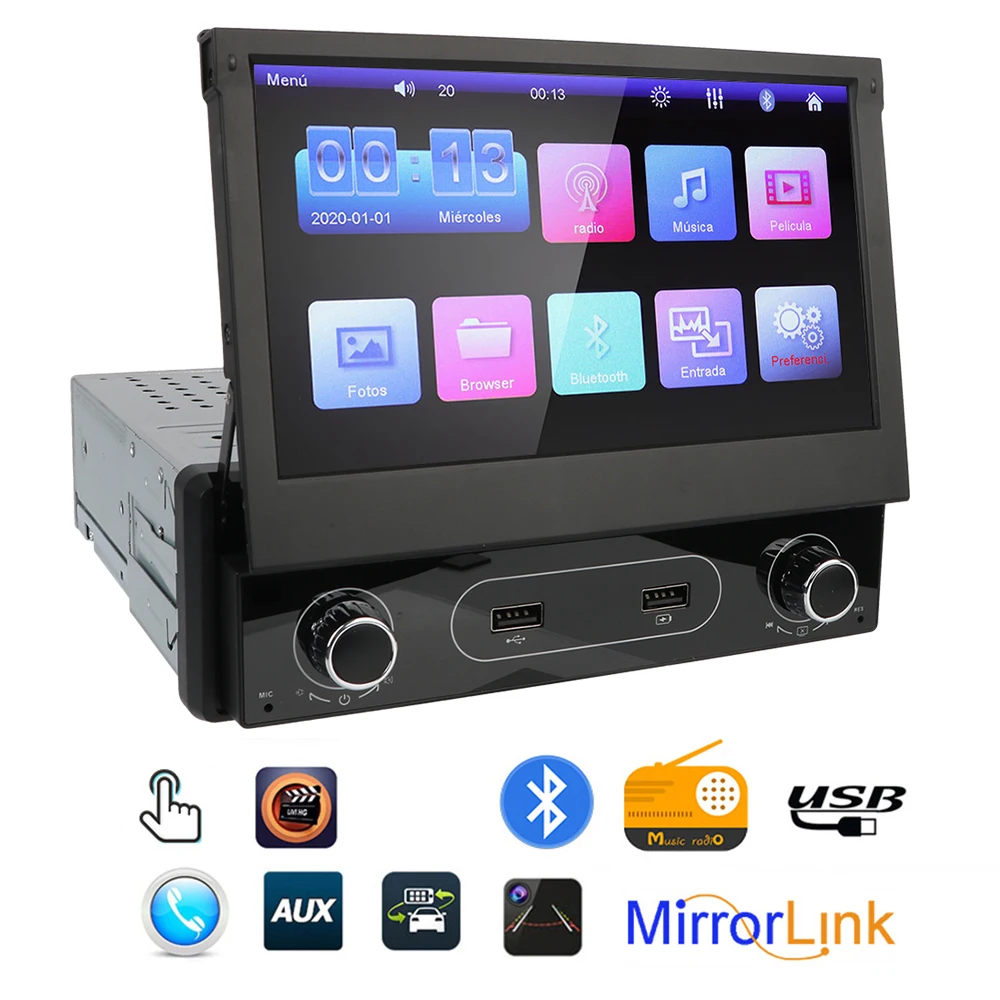 

Autoradio 1 Din 7 Inch Multimedia Player AUX Input 2-USB Port Retractable Screen Car Radio FM Receiver Mirror Link Bluetooth