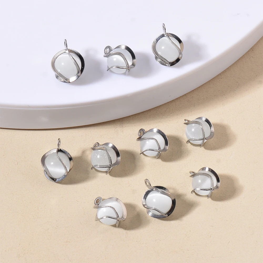 20pcs Stainless Steel Retro Round White Natural Stone Pendant for Women Necklace Earrings Making Supplies Jewelry Materials