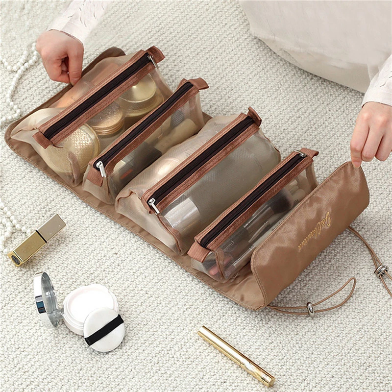 4PCS In 1 Cosmetic Bag for Women Zipper Mesh Separable Cosmetics Pouch Ladies Foldable  Makeup Brushe Storage Bag Nylon Bag Rope