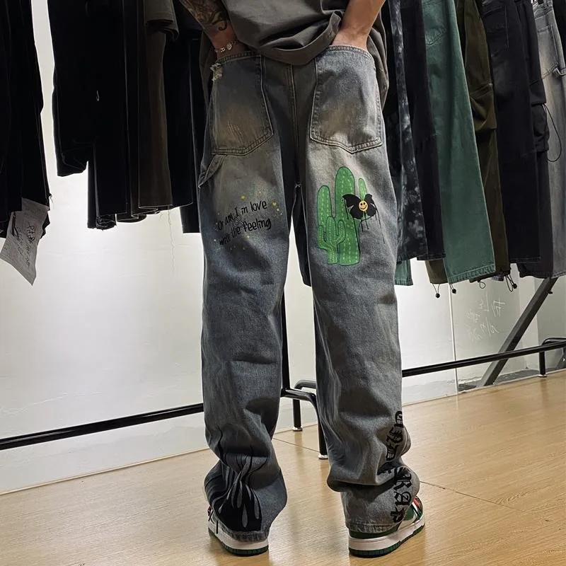 

Hip Hop Rock Mens Pants Fashion High Street Washed Denim Cactus Print Women Jeans Grunge Designer Couple Y2k Harajuku New Pants