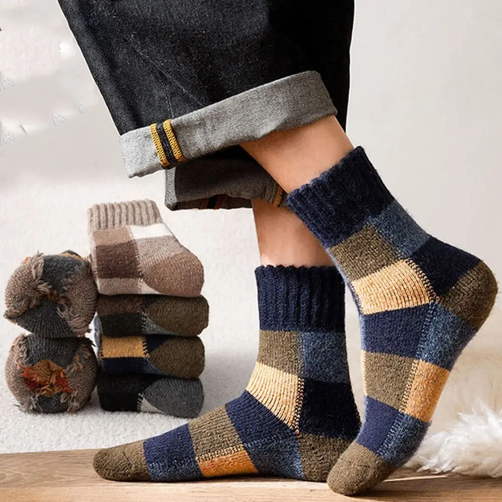 

1Pair Vintage Lattice Wool Socks Men Winter Thicked Warm Plush Socks Middle Tube Socks Casual Towel Socks Male Hosiery