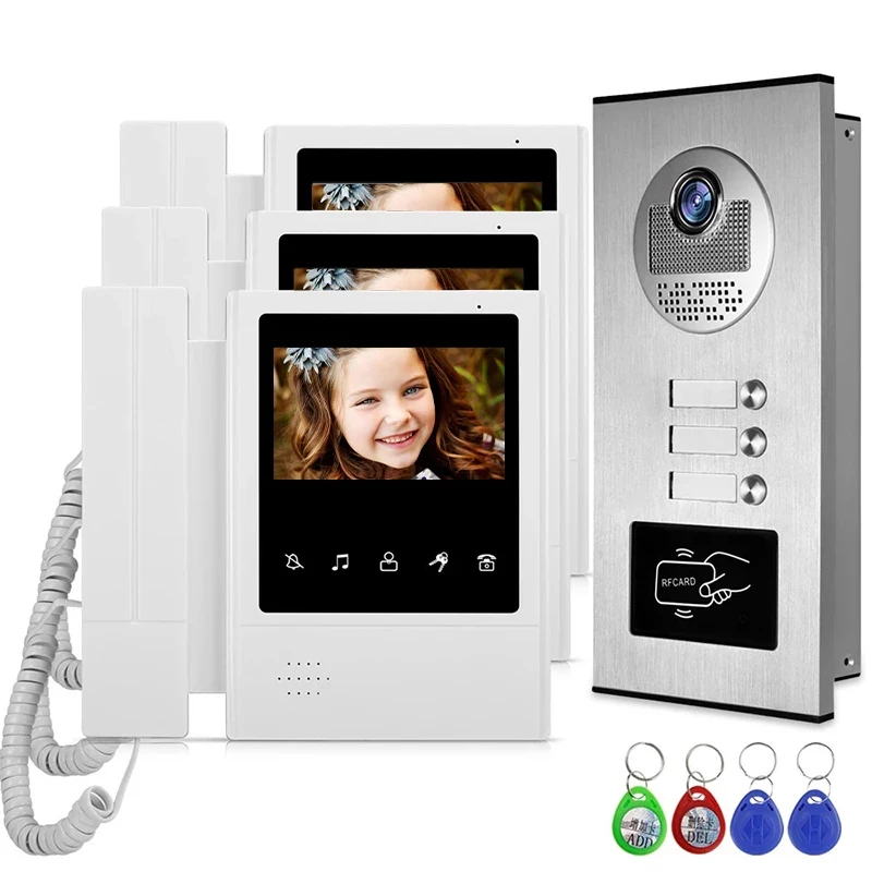 Home Video Intercom Doorbell System with 2/3/4 Monitor Door Phone for Multi Apartment EM Key Unlock Wireless Intercom  Intercom