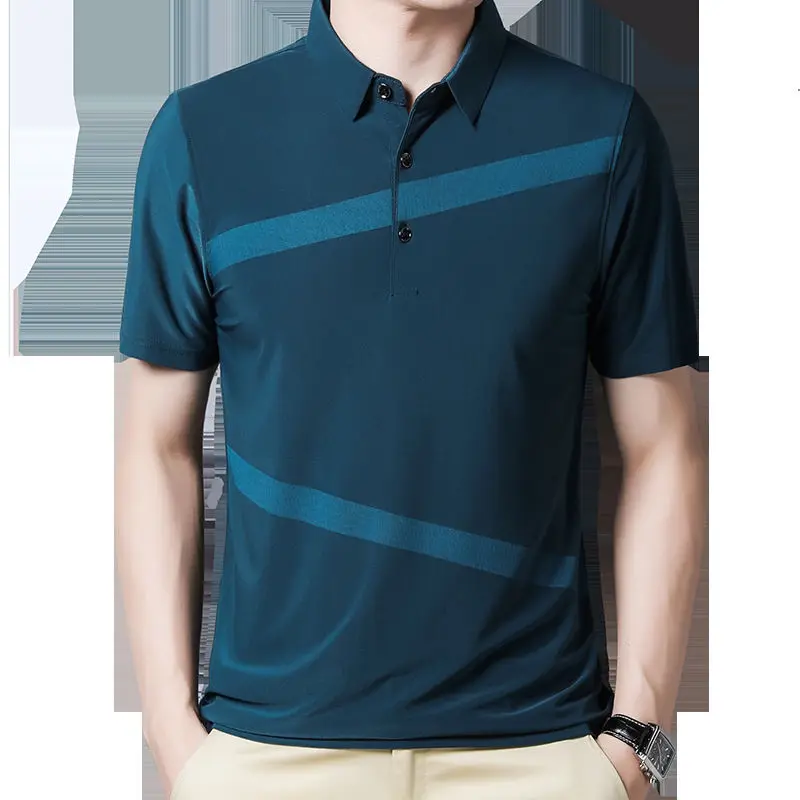 

Mercerized Cotton Short Sleeved T-shirt Men's Korean Striped Polo Shirt Trend Ice Silk Slippery Thin Middle-aged Shirt