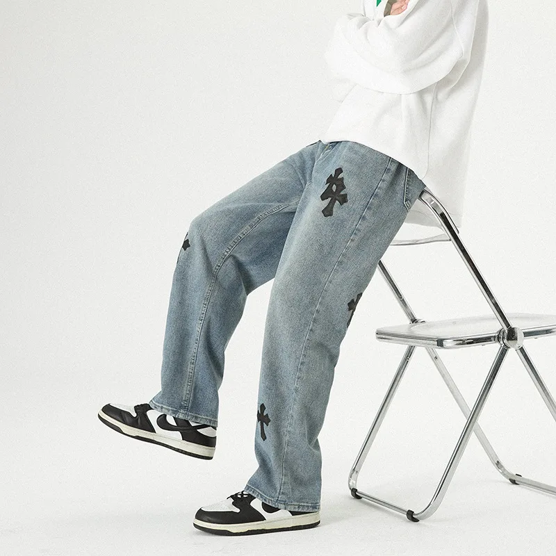 Four Seasons High Street Loose Casual Jeans Men's Street Straight Embroidered Cross Pants Jeans Men's Loose Wide Leg Jeans Men
