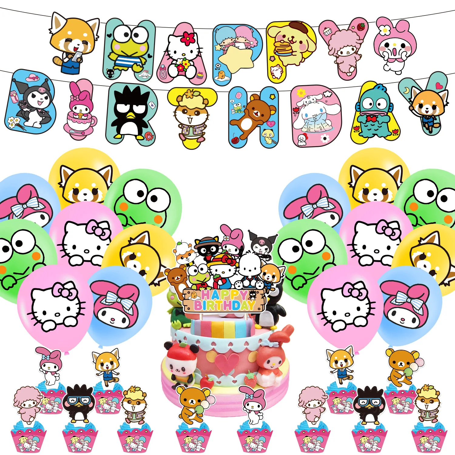 

Sanrio Theme Birthday Party Decoration Balloon Flag Cake Card Invitation Card Spiral Decoration Suit Kawaii Girl Party Supplies