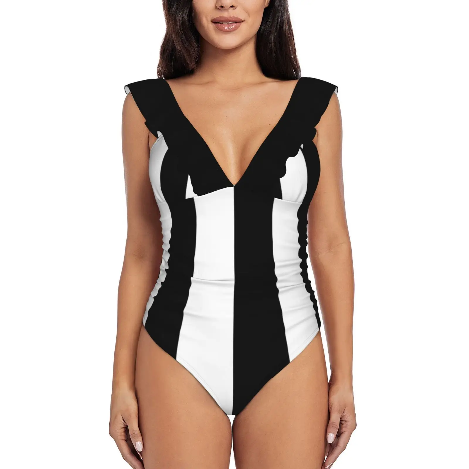 

Retro Black And White Stripes Pattern New Print Swimwear Deep-V Ruffle Swimsuit One Piece Swimsuit Beach Wear Monokini Retro